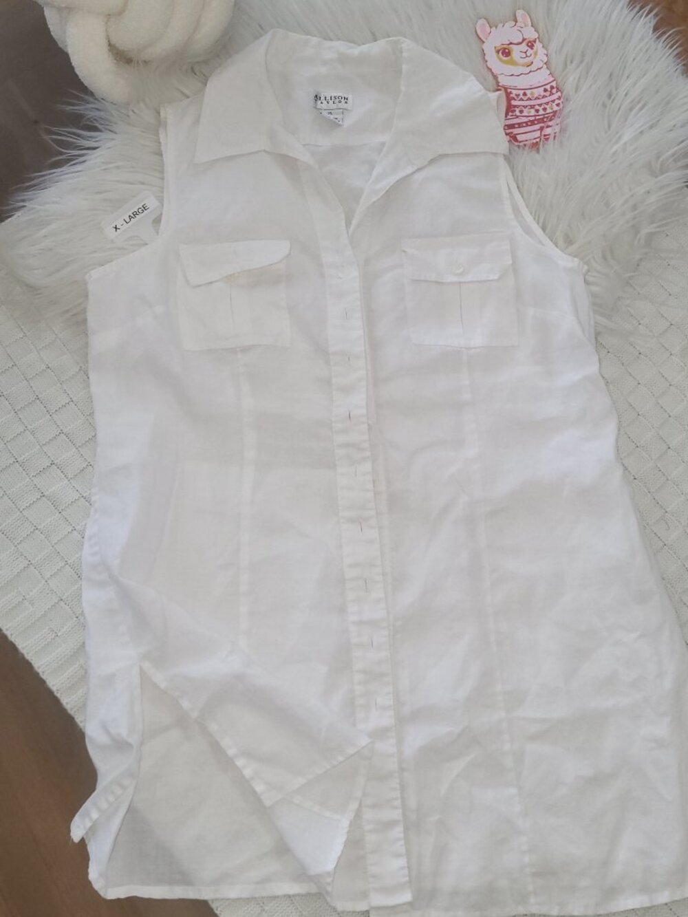 100 % Linen Allison Taylor Sleeveless Long Blouse Slit Front Pockets XL button